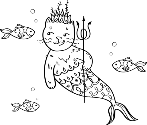 Mermaid Cat Coloring Page